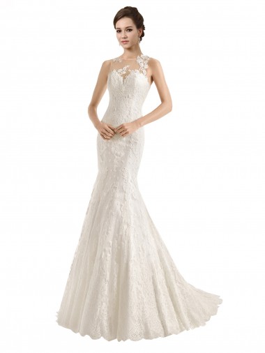 Lace Mermaid Chapel Train Sleeveless Illusion Neck Wedding Dress Cairns