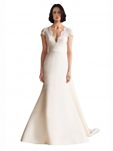 Satin A-Line Chapel Train Cap Sleeves Keyhole Back Wedding Dress Cairns