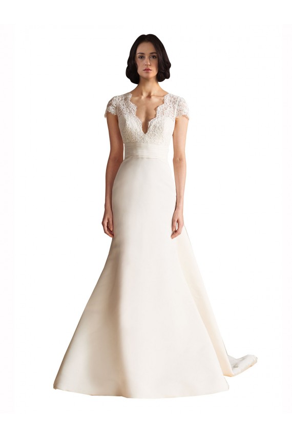 Satin A-Line Chapel Train Cap Sleeves Keyhole Back Wedding Dress Cairns