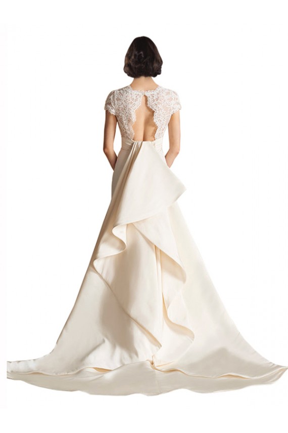 Satin A-Line Chapel Train Cap Sleeves Keyhole Back Wedding Dress Cairns