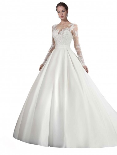 Satin & Lace A-Line Cathedral Train Long Sleeves Wedding Dress Cairns