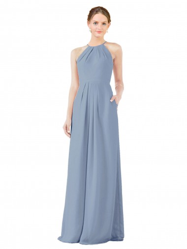 Soft Chiffon Sheath Long Sleeveless Dusty Blue Keyhole Back Bridesmaid Dress Cairns