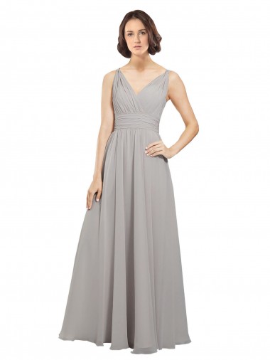 Soft Chiffon A-Line Long Sleeveless Oyster Silver V-Back Bridesmaid Dress Cairns