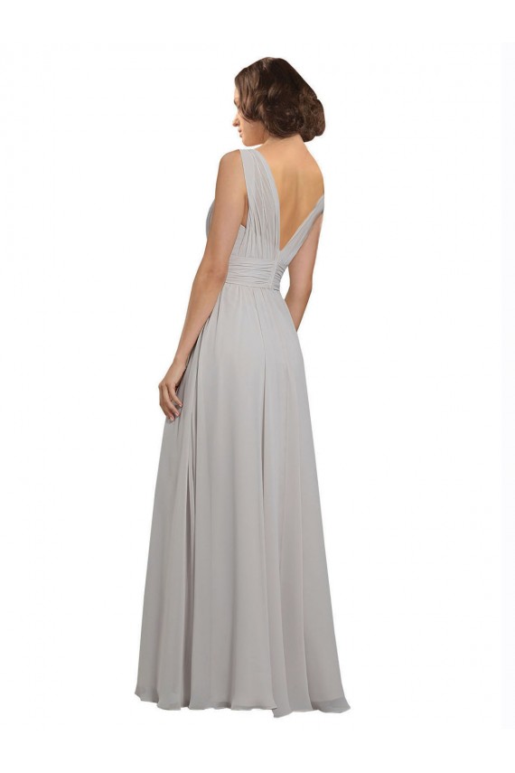 Soft Chiffon A-Line Long Sleeveless Oyster Silver V-Back Bridesmaid Dress Cairns