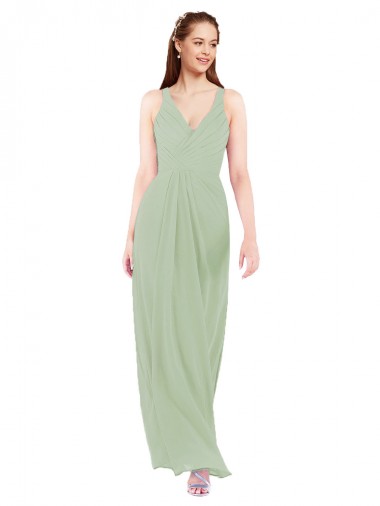Soft Chiffon Sheath Long Sleeveless Smoke Green Keyhole Back Bridesmaid Dress Cairns