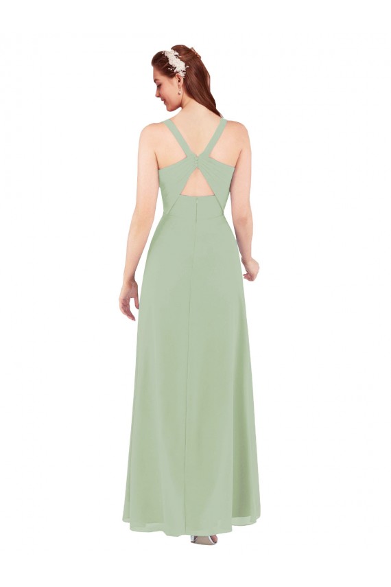 Soft Chiffon Sheath Long Sleeveless Smoke Green Keyhole Back Bridesmaid Dress Cairns