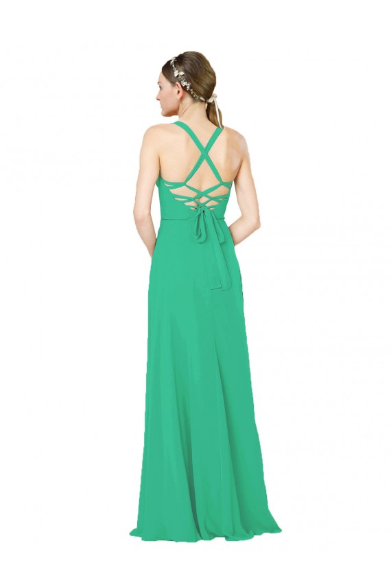 Soft Chiffon Sheath Long Sleeveless Criss Cross Back Emerald Green Bridesmaid Dresses Cairns
