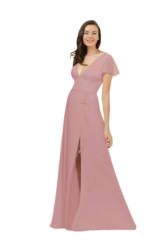 Chiffon A-Line Long Flutter Sleeves V-Back Bridesmaid Dress / Evening Dress Cairns