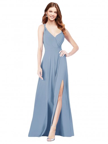 Soft Chiffon A-Line Long Sleeveless Keyhole Back Dusty Blue Bridesmaid Dresses Cairns