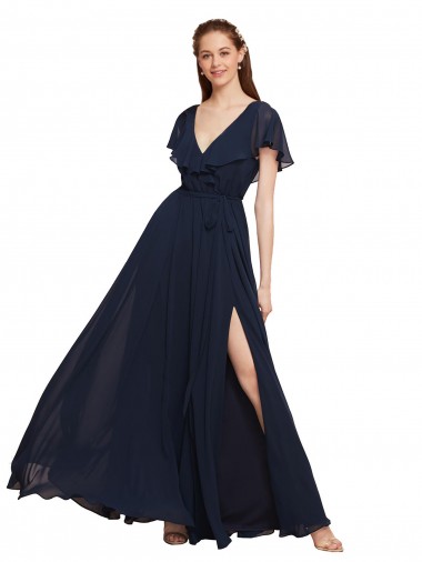 Chiffon A-Line Long Cap Sleeves V-Back High Side Slit Bridesmaid Dresses Cairns