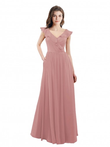 Soft Chiffon A-Line Long Cap Sleeves V-Back Dusty Pink Bridesmaid Dresses Cairns