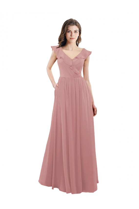 Soft Chiffon A-Line Long Cap Sleeves V-Back Dusty Pink Bridesmaid Dresses Cairns
