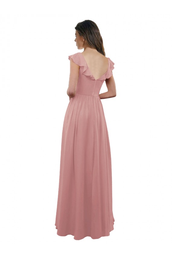 Soft Chiffon A-Line Long Cap Sleeves V-Back Dusty Pink Bridesmaid Dresses Cairns