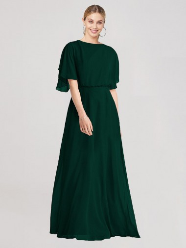 Soft Chiffon A-Line Long Flutter Sleeves Open Back Ever Green Bridesmaid Dresses Cairns