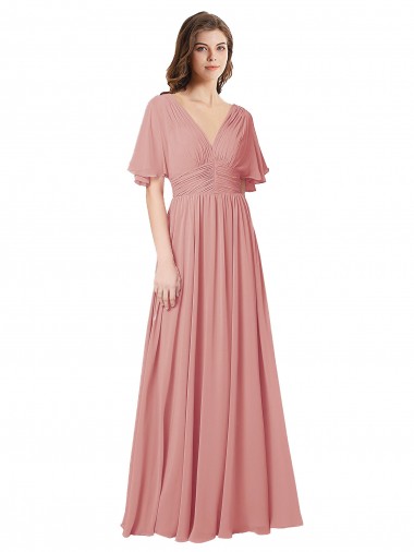 Soft Chiffon A-Line Long Flutter Sleeves V-Back Bliss Pink Bridesmaid Dresses Cairns