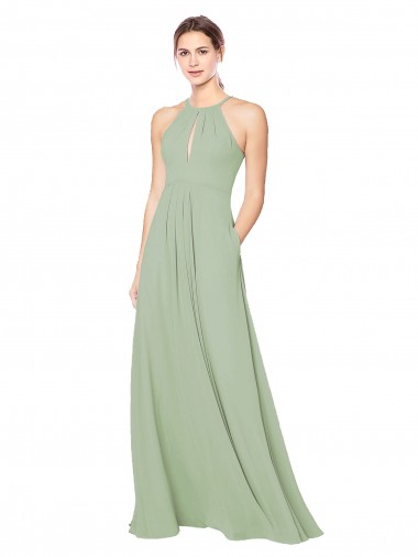 Soft Chiffon A-Line Long Sleeveless Smoke Green Keyhole Back Bridesmaid Dress Cairns