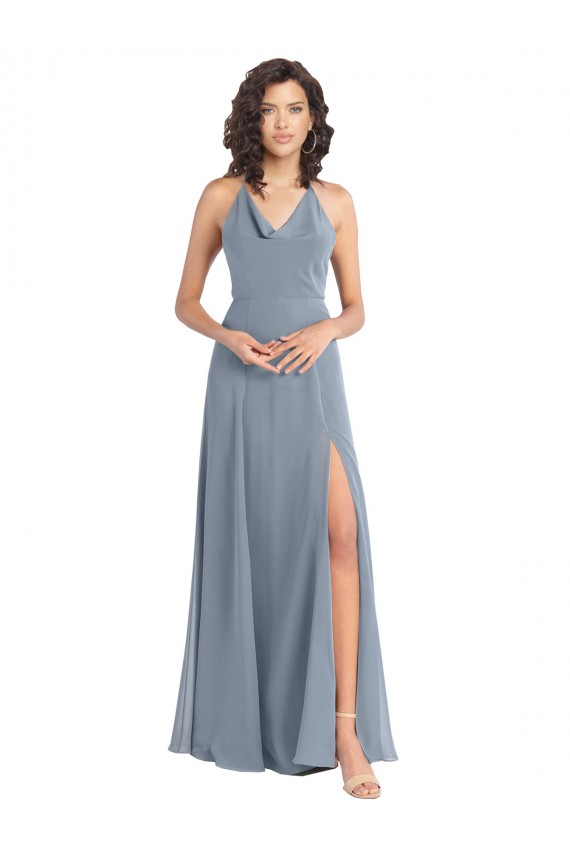 Soft Chiffon A-Line Long Sleeveless V-Back Dusty Blue Bridesmaid Dresses Cairns