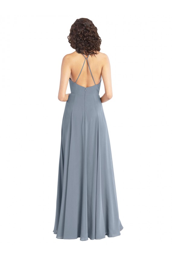 Soft Chiffon A-Line Long Sleeveless V-Back Dusty Blue Bridesmaid Dresses Cairns