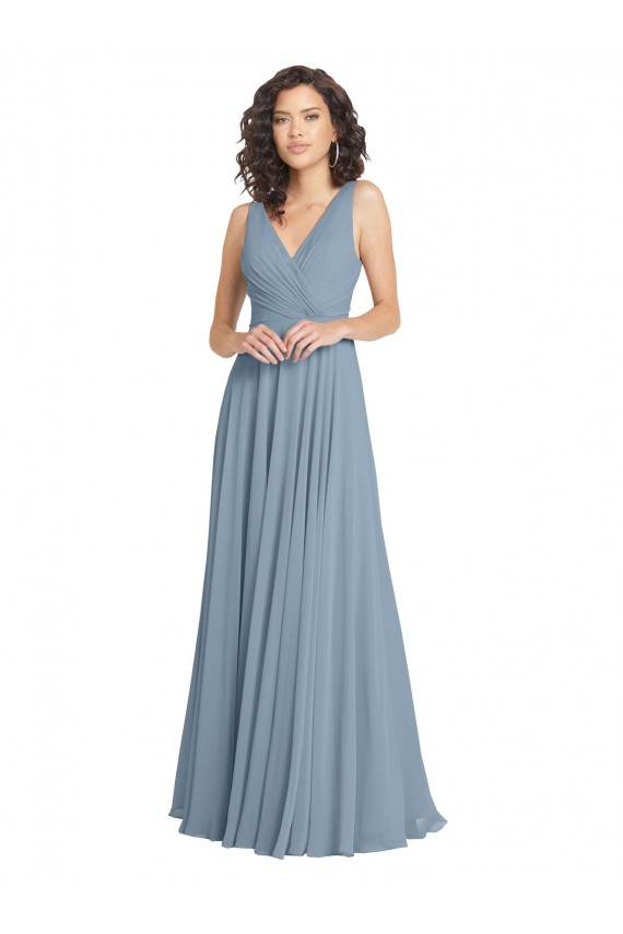 Soft Chiffon A-Line Long Sleeveless Dusty Blue V-Back Bridesmaid Dress Cairns