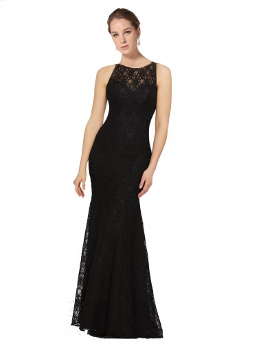 Lace Sheath Long Sleeveless Open Back Black Bridesmaid Dresses Cairns