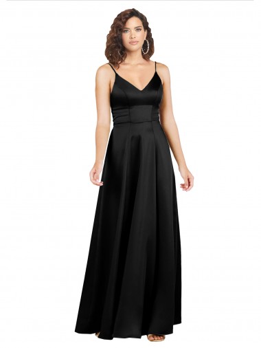 Silk like Satin A-Line Long Sleeveless V-Back Black Prom Dresses Cairns