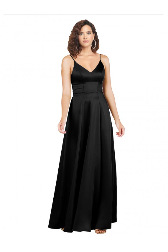 Silk like Satin A-Line Long Sleeveless V-Back Black Prom Dresses Cairns