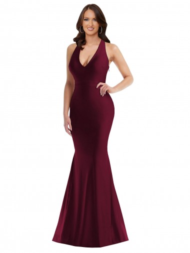 Silk like Satin Mermaid Long Sleeveless Open Back Burgundy Prom Dresses Cairns