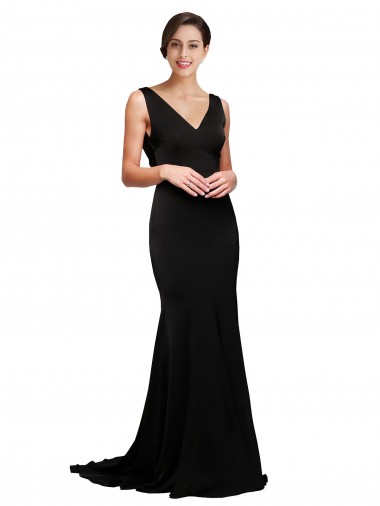 Silk like Satin A-Line Sweep Train Sleeveless Low Back Black Prom Dresses Cairns
