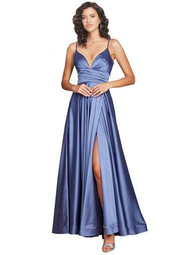 Silk like Satin A-Line Long Sleeveless Low Back High Slit Prom Dresses Cairns