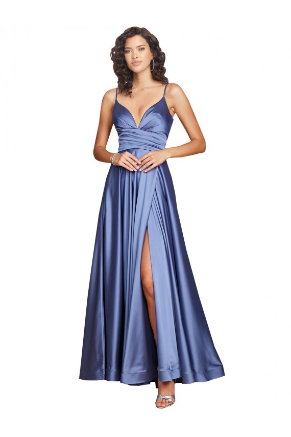 Silk like Satin A-Line Long Sleeveless Low Back High Slit Prom Dresses Cairns