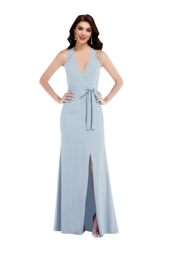 Stretch Crepe A-Line Long Sleeveless Halter Neck Open Back Prom Dresses Cairns