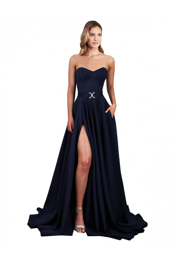 Stretch Crepe A-Line Long Sleeveless Low Back Dark Navy Prom Dresses Cairns