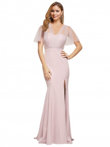 Stretch Crepe & Tulle Sheath Short Sleeves Long Low Back Formal Evening Gown / Prom Dress / Bridesmaid Dress Cairns