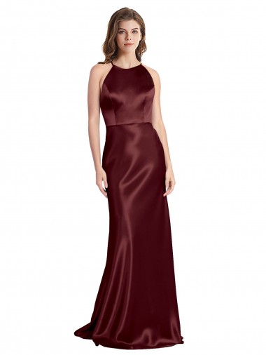 Stretch Satin A-Line Long Sleeveless Burgundy Gold Prom Dresses Cairns