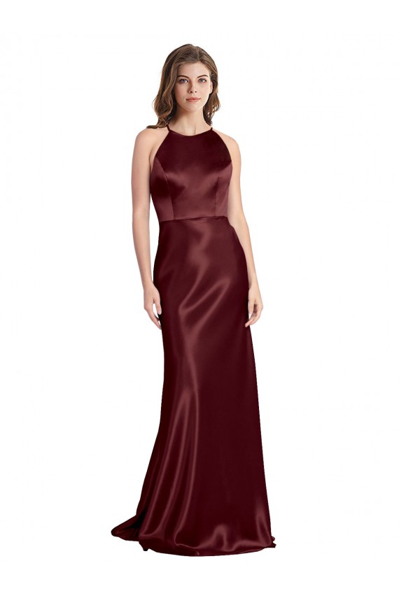 Stretch Satin A-Line Long Sleeveless Burgundy Gold Prom Dresses Cairns