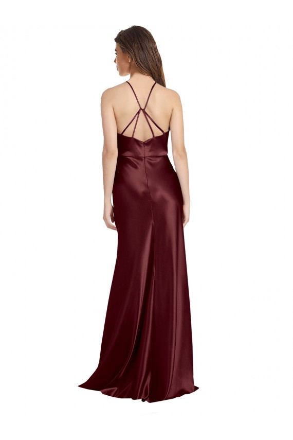 Stretch Satin A-Line Long Sleeveless Burgundy Gold Prom Dresses Cairns