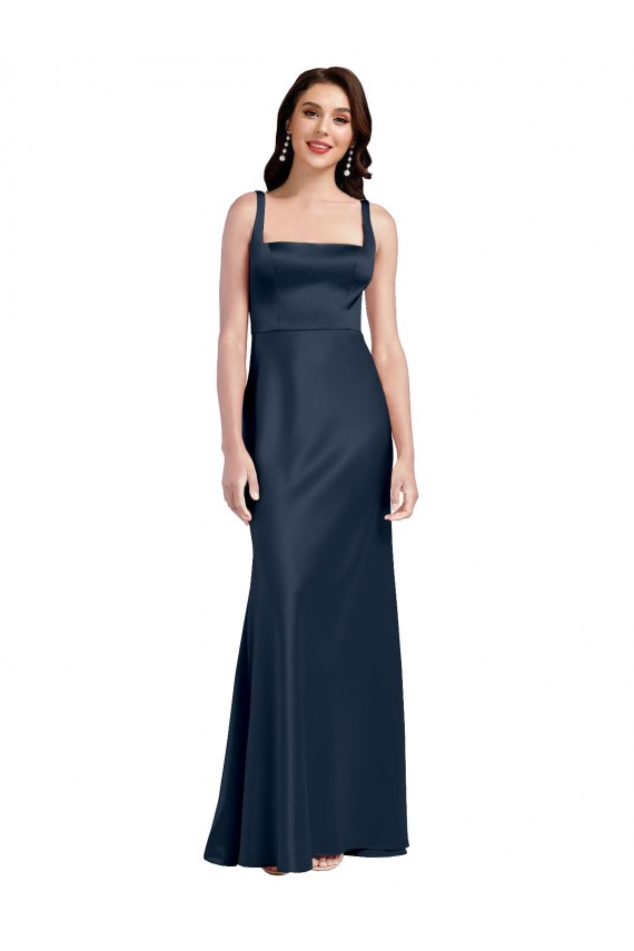 Stretch Satin A-Line Long Sleeveless Low Back Dark Navy Prom Dresses Cairns