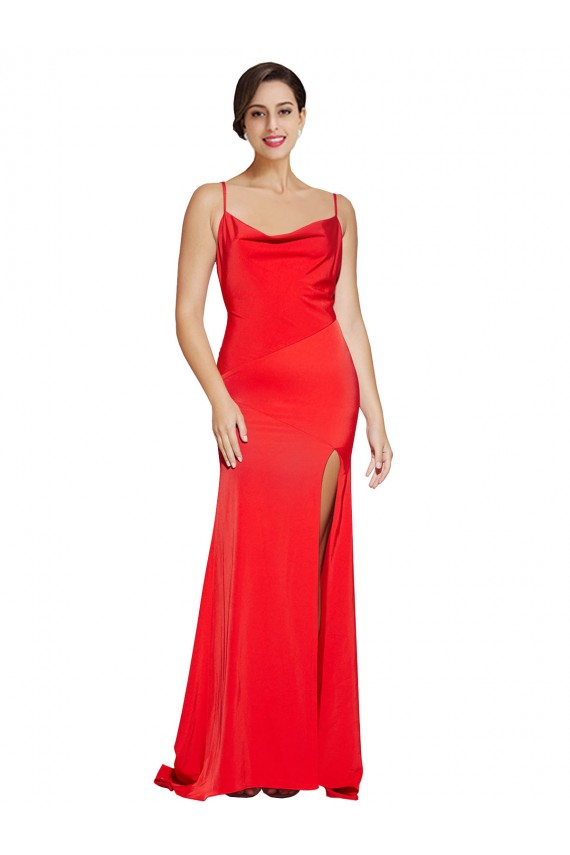 Stretch Satin Sheath Long Sleeveless Low Back High Side Slit Prom Dresses Cairns