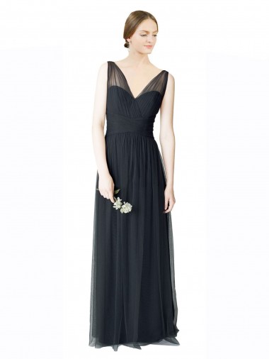Tulle A-Line Long Sleeveless V-Back Pewter Bridesmaid Dresses Cairns