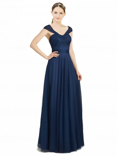 Tulle A-Line Long Sleeveless Open Back Dark Navy Bridesmaid Dresses Cairns