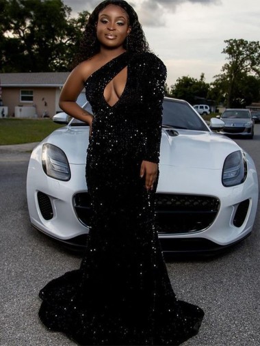 Velvet Sequin Sweep Train Long Sleeves Prom Dress Cairns
