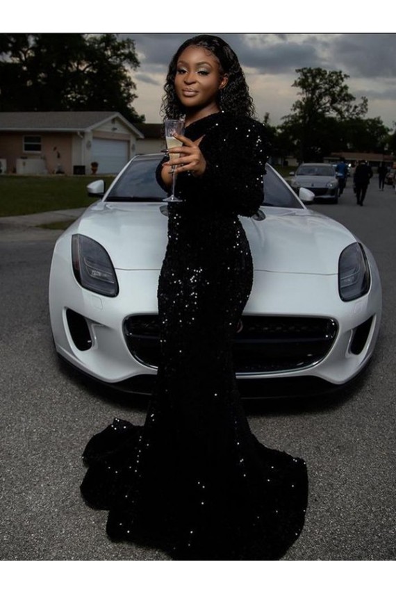 Velvet Sequin Sweep Train Long Sleeves Prom Dress Cairns