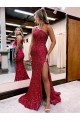 Velvet Sequin Mermaid Sweep Train Sleeveless High Slit Prom Dress / Evening Dress Cairns