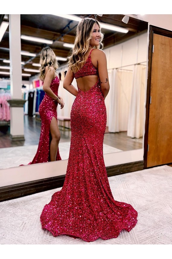 Velvet Sequin Mermaid Sweep Train Sleeveless High Slit Prom Dress / Evening Dress Cairns