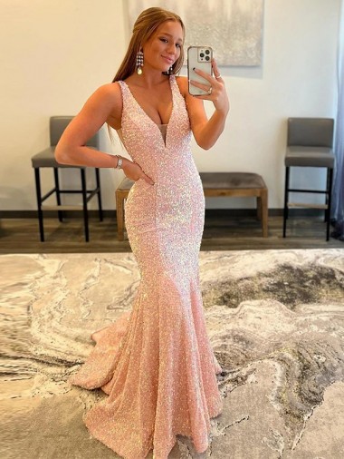 Velvet Sequin Sheath Sweep Train Sleeveless V-Neck Evening Dress Cairns