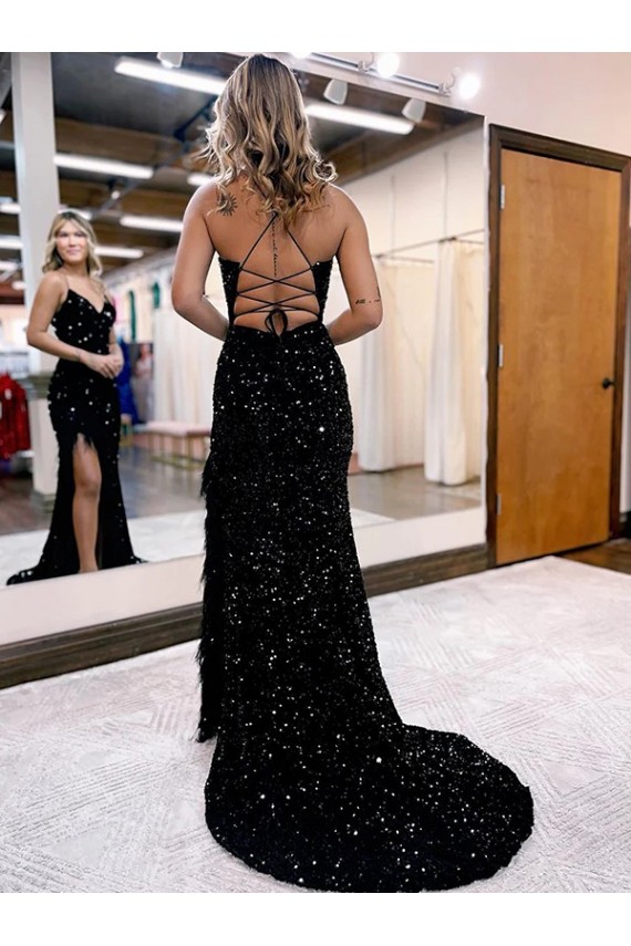 Velvet Sequin Sheath Sweep Train Sleeveless V-Neck Long Evening Dress Cairns