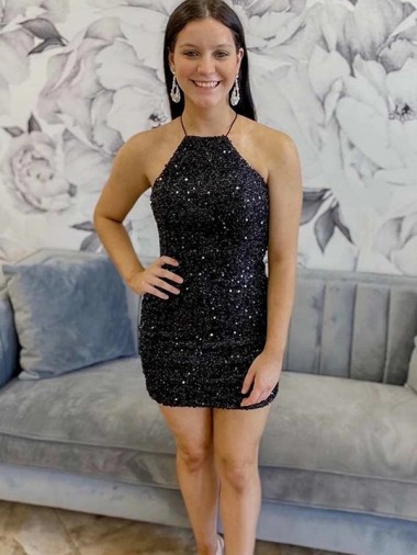 Velvet Sequin Sheath Short Sleeveless Halter Neck Prom Dress Cairns