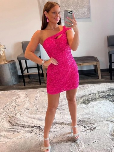 Velvet Sequin Sheath Short Sleeveless One Shoulder Prom Dress / Evening Dress Cairns