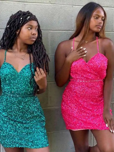Velvet Sequin Sheath Short Sleeveless V-Neck Prom Dress Cairns