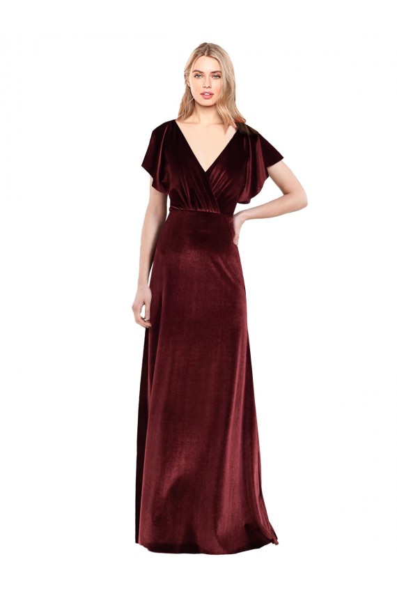 Stretch Velvet A-Line Long Flutter Sleeves Open Back Prom Dress / Bridesmaid Dress Cairns